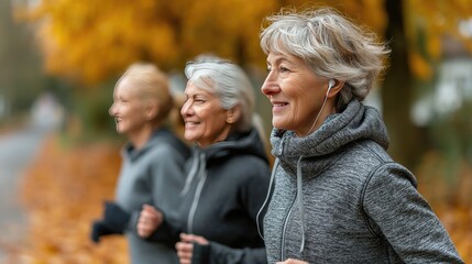 Fototapeta premium Three senior women run happily through the park, embracing morning light and the beauty of autumn all around them