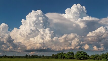 Fluffy white clouds drift across the blue sky over the green field landscape