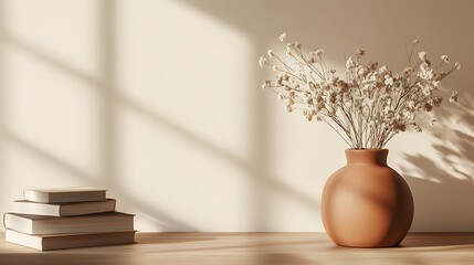 minimalist interior shelf design with stacked books terracotta vase and dried flowers showcasing clean aesthetic and warm cozy home decor style