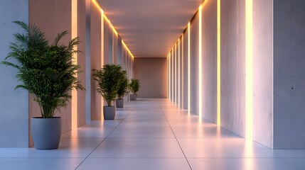 minimalist interior corridor with modern design sleek layout artistic lighting and greenery elements creating bright and elegant contemporary space decor