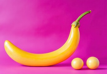 Yellow courgette on pink background with two pale yellow orbs