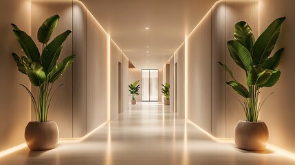 minimalist interior corridor with modern design sleek layout artistic lighting and greenery elements creating bright and elegant contemporary space decor
