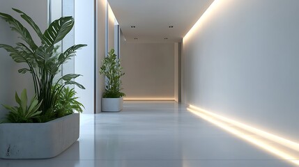 minimalist interior corridor with modern design sleek layout artistic lighting and greenery elements creating bright and elegant contemporary space decor