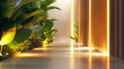 minimalist interior corridor with modern design sleek layout artistic lighting and greenery elements creating bright and elegant contemporary space decor