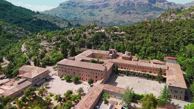 Aerial view of the Santuari de Lluc in Mallorca, Balearic Islands, Spain.