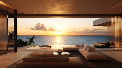 luxurious modern living room with breathtaking ocean view and soft sunset lighting designed for comfort relaxation and elegant contemporary home interior style