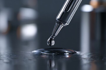 Dropper dispensing clear liquid onto a reflective surface, creating ripples. Science, medicine, or beauty concept. Precise liquid delivery.