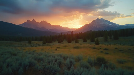 Obraz premium Majestic sunset over the Rocky Mountains with vibrant clouds and peaks
