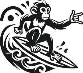 Monkey Surfing Logo style monochrome