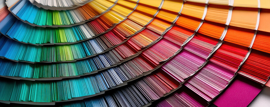 Color swatches arranged vibrant spectrum, showcasing variety of hues from green to red, creating visually appealing display