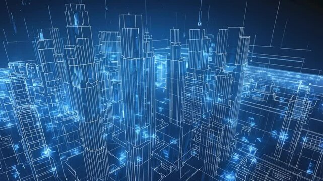 Low poly smart city 3D wire mesh. Intelligent building automation system business concept. Binary code number data flow