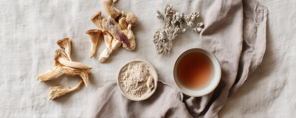 Dried herbs, mushrooms, and cup of herbal tea arranged on textured fabric, creating calming and natural atmosphere
