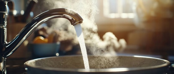 Hot Water Flowing from Faucet into Sink