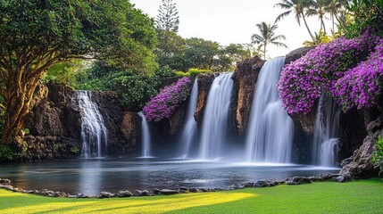 Naklejka premium Lush waterfall cascading into a tranquil pool, surrounded by vibrant foliage and purple flowers. A serene tropical paradise