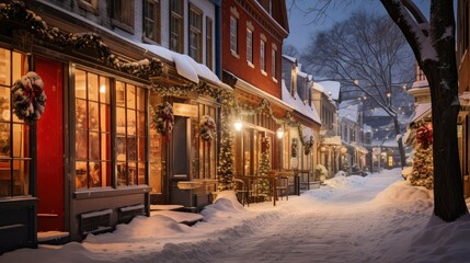 Obraz premium Enchanting Snow-Covered Street in a Quaint Town During Christmas