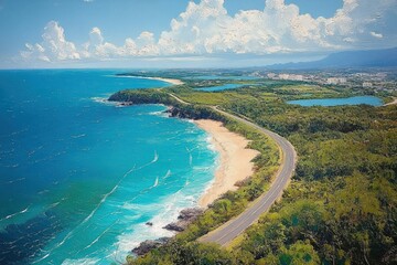 Coastal Aerial View of Puerto Rico with Winding Road and Lush Greenery