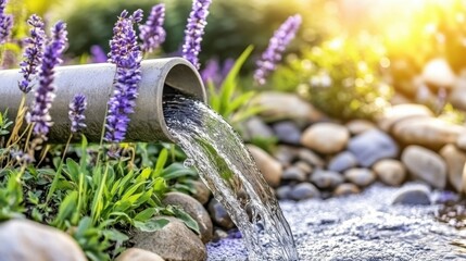 A DIY greywater system with plants filtering water beside a natural landscape