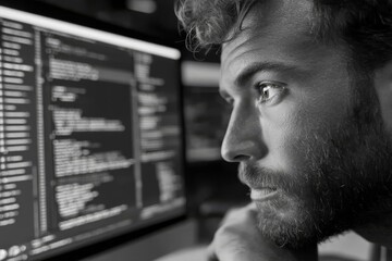 Focused programmer intensely staring at code on a computer screen, deep in concentration, working on software project in monochrome.