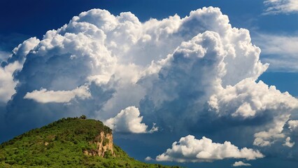 Beautiful blue sky with fluffy white clouds drift over the distant mountain landscape, a perfect summer day in nature's airy cloudscape