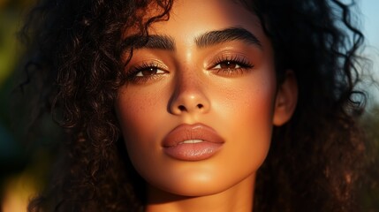 Fototapeta premium Stunning portrait of a woman with curly hair, glowing skin, and expressive eyes captured in warm sunlight during golden hour