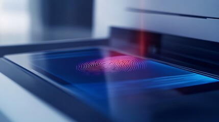 A glowing fingerprint being scanned on a digital device surface