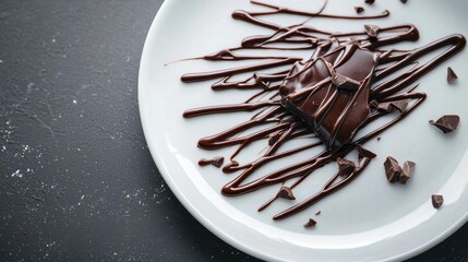 Fototapeta premium White plate with a dessert on it. the dessert appears to be a square piece of chocolate cake with a drizzle of dark chocolate sauce on top.