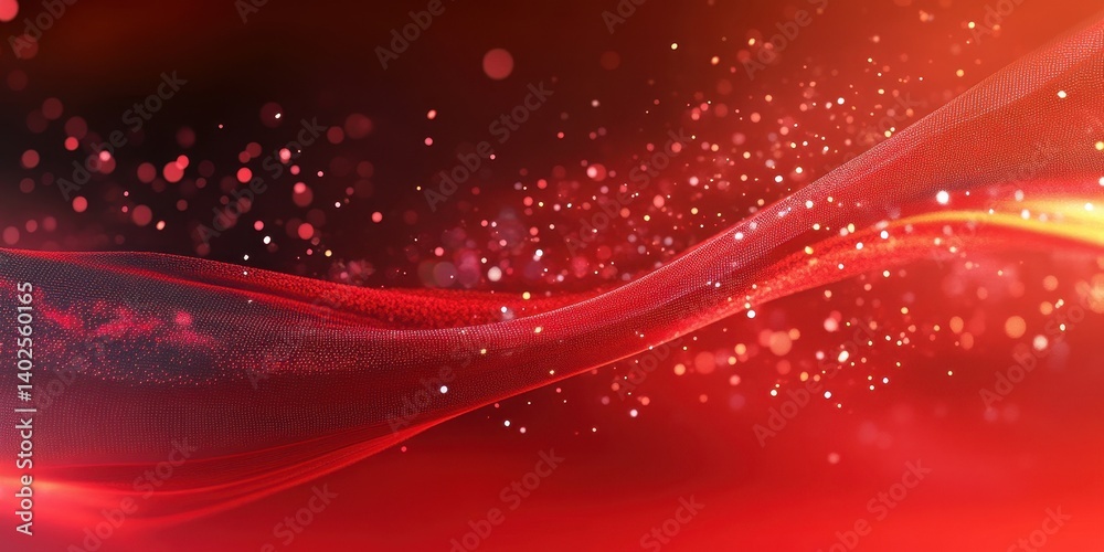 Wall mural abstract image of flowing red fabric and glowing particles