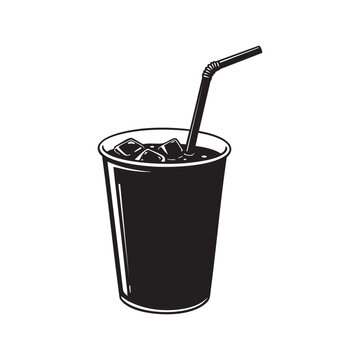 Black soda cup icon with straw in bold cartoon drink vector fast food style