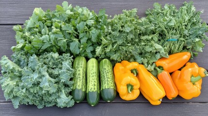 Overhead shot of vibrant bell peppers, cucumbers, and leafy greens styled on a rustic wooden table