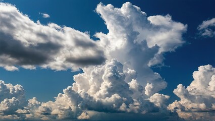 Bright white clouds drift across the clear blue sky, a beautiful summer cloudscape