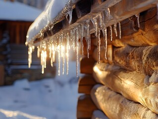 Snowy Wooden Cabin: Captivating Winter Wonderland with Icicles and Sunlit Reflections - Serene Seasonal Landscape Photography