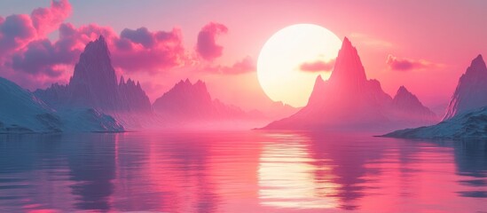 Fototapeta premium Pink sunset over calm lake & mountains. Wallpaper, website