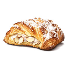 A freshly baked almond croissant with a golden flaky pastry, visible almond cream filling, and a topping of sliced almonds and powdered sugar