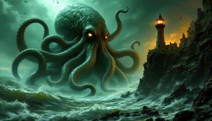 Giant Kraken Attacks Lighthouse Dark Fantasy Art