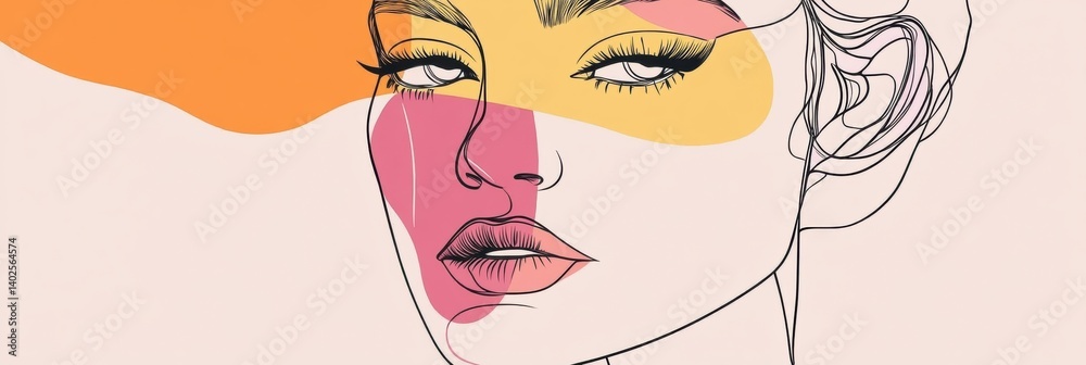Poster elegant single-line art face drawing with minimal pastel colors reflecting abstract fashion style in