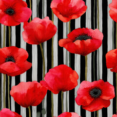 seamless pattern, red poppies in front of a black and white pin-striped background
