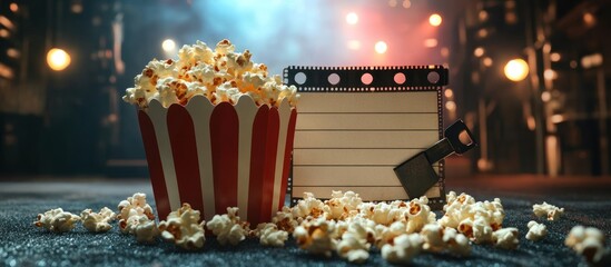 Popcorn and film strip, movie night scene,  background lights
