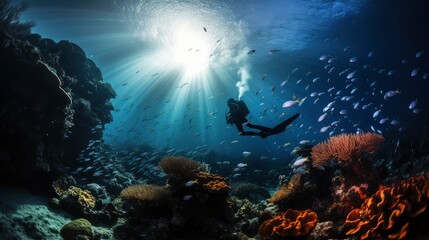 Underwater Diver Exploring Vibrant Coral Reef with Sunbeams