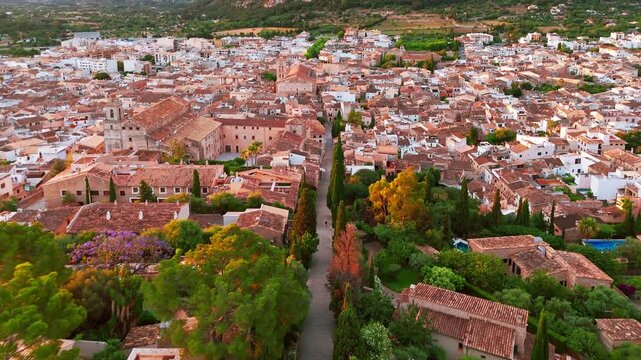 Aerial view of the picturesque town of Pollensa in Mallorca, Spain.