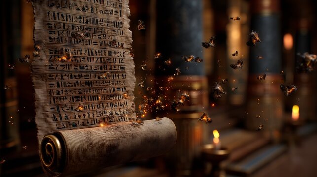 Dramatic scene of an ancient Egyptian scroll unraveling amidst burning moths and floating embers in a candlelit temple, symbolizing the fragile and mystical nature of lost knowledge.