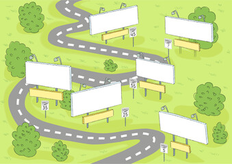 Country road with six empty billboards, isometric, top view vector illustration