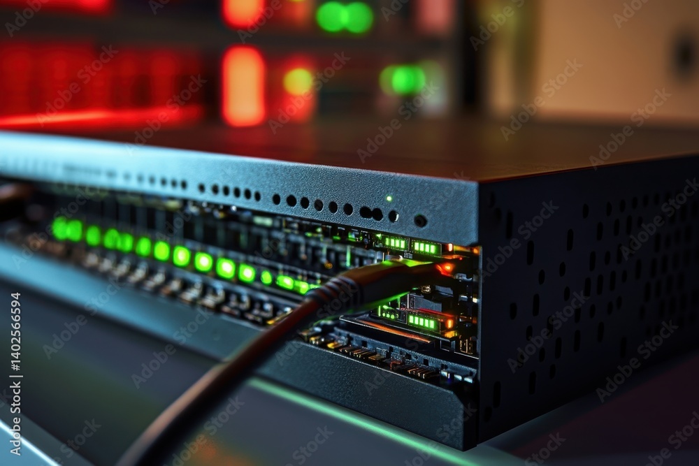 Poster network server powered on and connected with glowing indicators in a modern data center setup