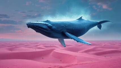 Humpback whale soaring gracefully above pink desert dunes, conceptual art piece for environmental conservation and the surreal beauty of nature, dreamlike scene