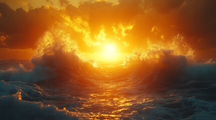 Obraz premium Rocky coastline with waves crashing against the shore in golden hour light, dynamic composition capturing the power and beauty of the ocean.