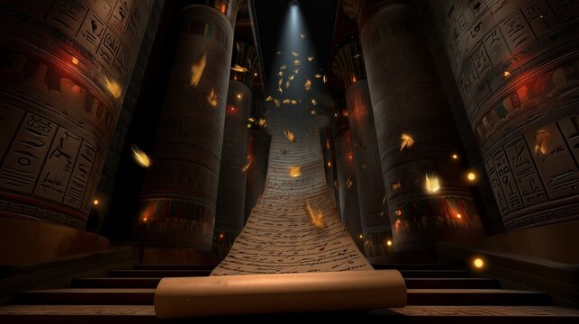 Dramatic scene of an ancient Egyptian scroll unraveling amidst burning moths and floating embers in a candlelit temple, symbolizing the fragile and mystical nature of lost knowledge.