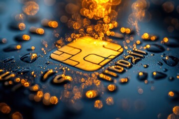 macro photograph of credit card chip and embossed numbers with bokeh effect and natural lighting
