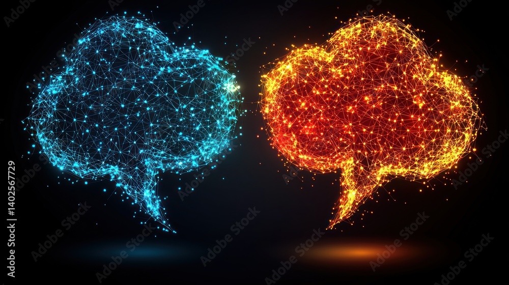 Poster digital dialogue: a mesmerizing interplay of light and data forming two vibrant speech bubbles, symb