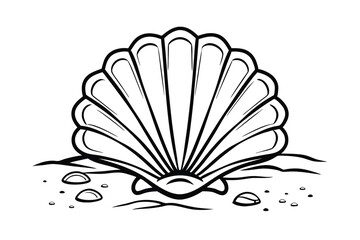 Scallop Shell on Sandy Beach Line Art, Ocean, Summer, Seashell