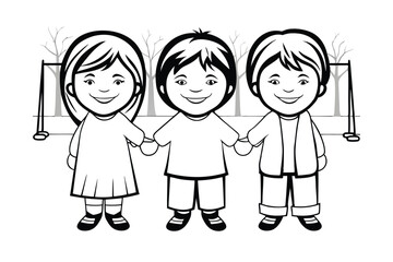 Three Happy Children Holding Hands at Playground in Winter