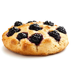A freshly baked blackberry scone with a golden crisp crust, delicate crumb, and dark juicy berry pockets